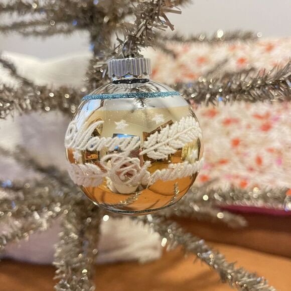 3" Radko Shiny Brite Stenciled Flocked Ornament Merry Christmas Blue Gold Silver - Picture 1 of 5